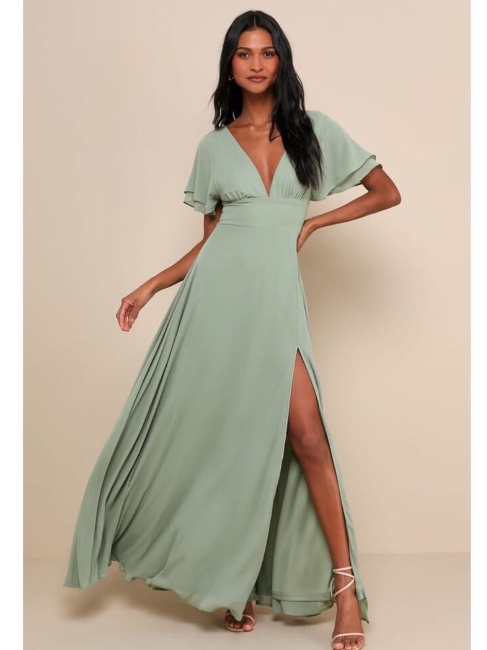 Lulu’s Promise Of Love Sage Green Chiffon Flutter Sleeve Maxi Dress Bridesmaid M